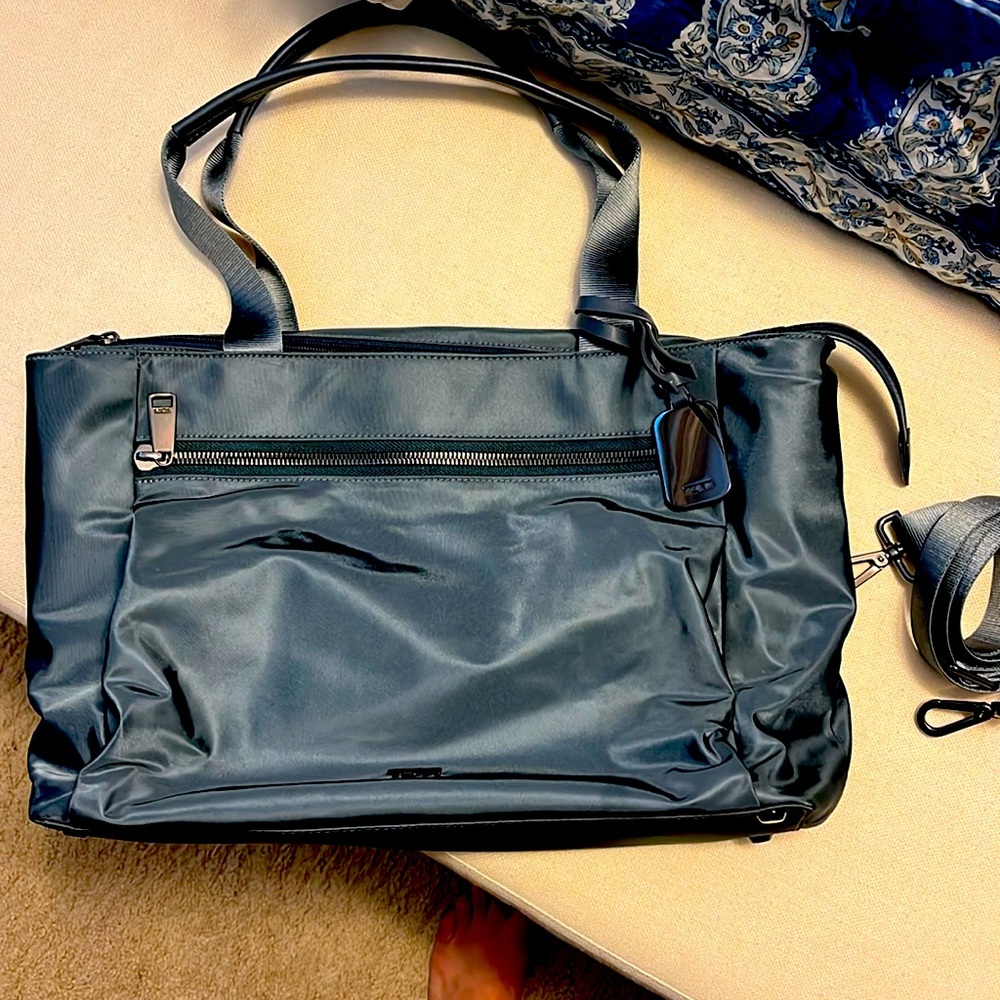 Tumi Black Nylon Crossbody Tote with Leather Trim